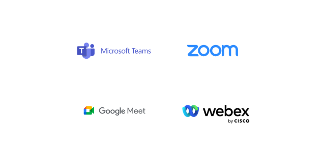 Logos of collaboration platforms like Microsoft teams, zoom, google meet and webex