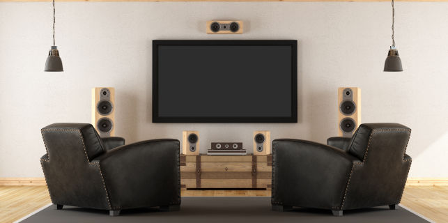 Tv with surround speakers in a living room