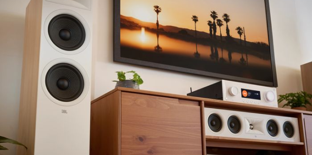 Surround speakers and subwoofers in a living room