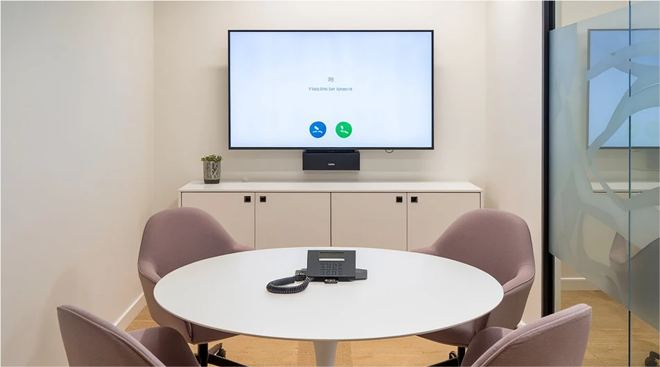 Modern meeting room with round table, video conferencing screen, speaker phone and four chairs for hybrid collaboration