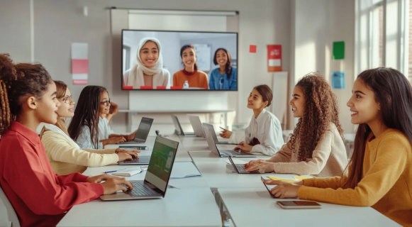 Modern hybrid classroom with TV that shows students interacting remotely