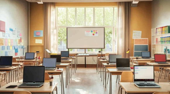Smart classrrom setup with interactive Display and laptops