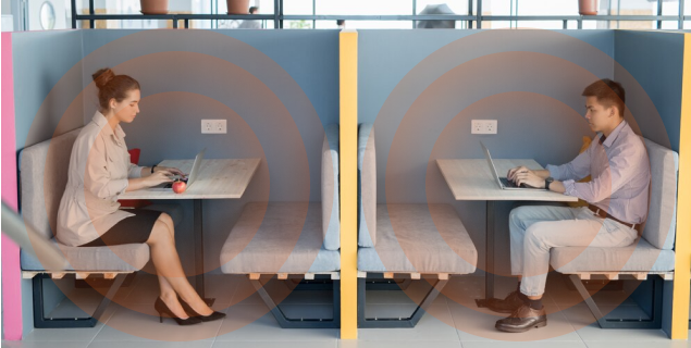 Two emplyees sitting in two cubicles on a chair, an graphical illustration highlighting the external sound is blocked