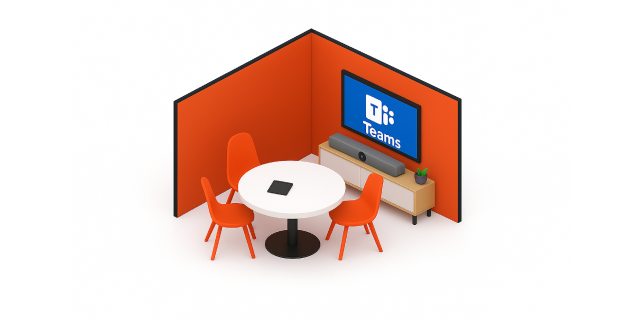 Microsoft Teams Room layout for huddle spaces with up to 6 participants, featuring single display and conferencing table in UAE office
