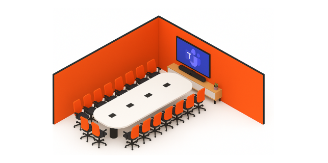 Wide-format Teams Room with extended seating, dual display and full-room coverage for up to 20 participants in UAE offices