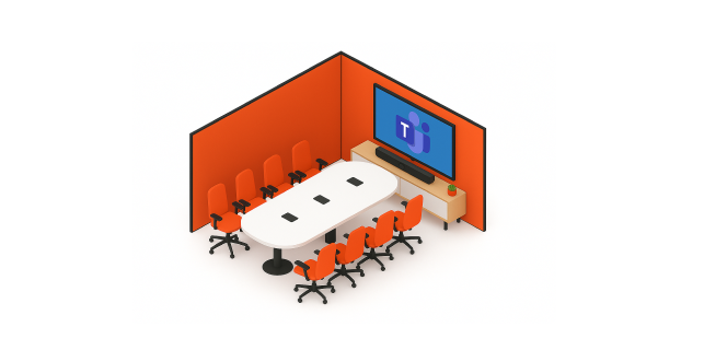 Microsoft Teams Room layout with central table, camera, and large display for medium spaces seating 8 to 12 participants in UAE