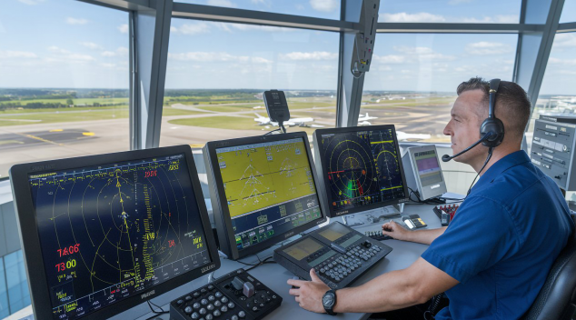 Air traffic controller using multiple radar and communication screens in command center for real time airport operations