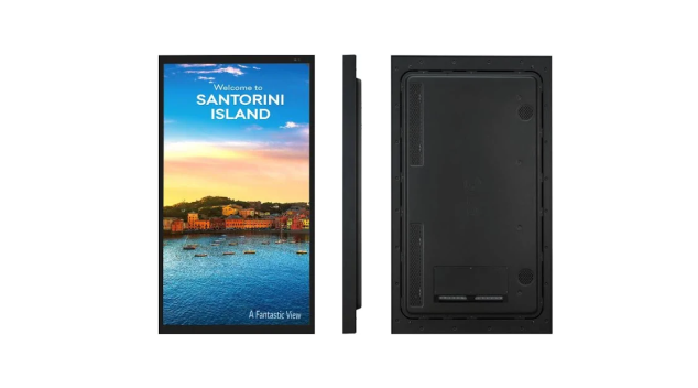 Vertical digital signage screen displaying travel content with front, side and back views of the display unit