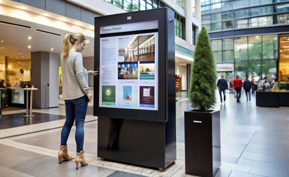 Woman engaging with outdoor digital signage kiosk in public plaza displaying community information