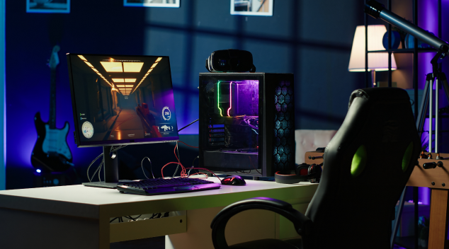 RGB gaming setup with monitor, mechanical keyboard, gaming chair and VR headset in a dimly lit room with ambient lighting