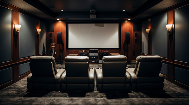 Luxury home theatre setup with plush seating, large projection screen, and surround sound system