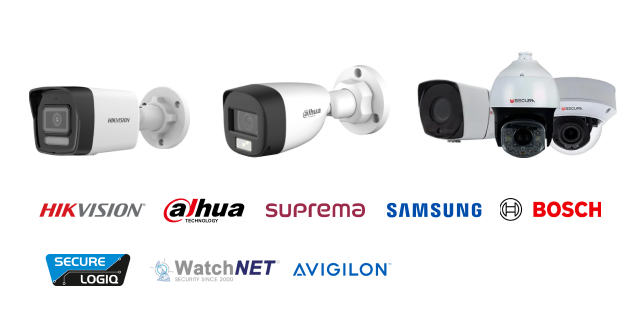 Variety of IP CCTV cameras from top brands including Hikvision, Dahua, Suprema, Samsung, and Bosch