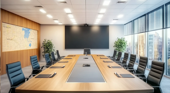 Large and medium size meeting room with long conference table, display screen, and AV setup