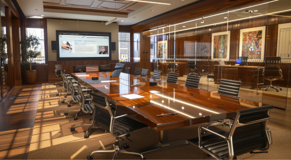 Modular boardroom setup with AV display, long conference table, and professional seating
