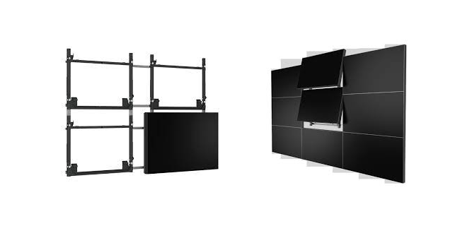 Mounting systems for videowalls featuring adjustable frames and secure support structures