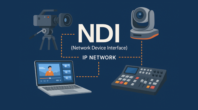 NDI broadcasting diagram showing camera, PTZ unit, laptop and mixer connected over an IP network for video transmission