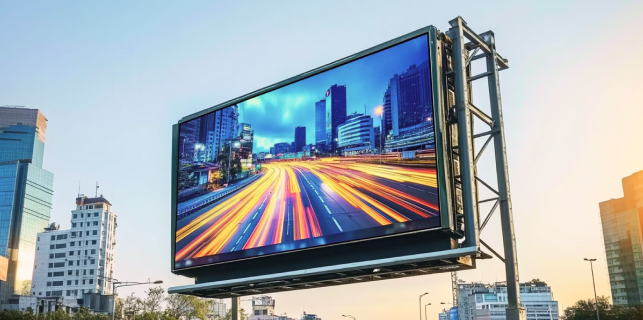 Outdoor LED video wall display panel showcasing dynamic cityscape visuals for advertising