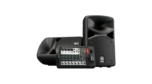 Black public address system with speakers and audio mixer setup suitable for hotel announcements and background music