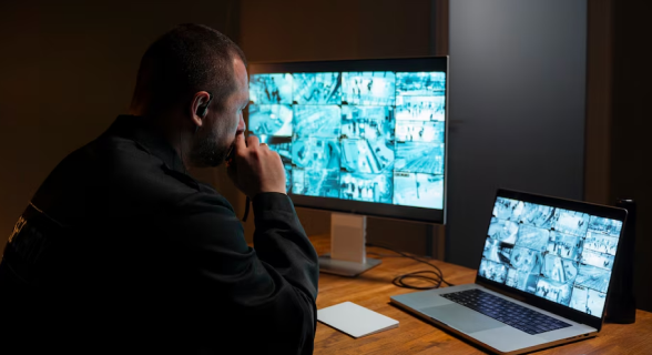 Security personnel monitoring multiple live CCTV camera feeds on desktop and laptop screens in control room