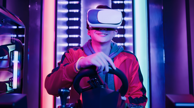 Young gamer using VR headset and racing simulator in a neon lit arcade environment