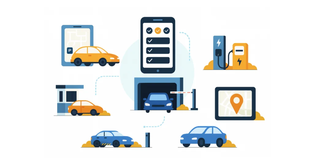 Illustration of AI-powered parking and seat booking management system with smart devices and workplace automation icons