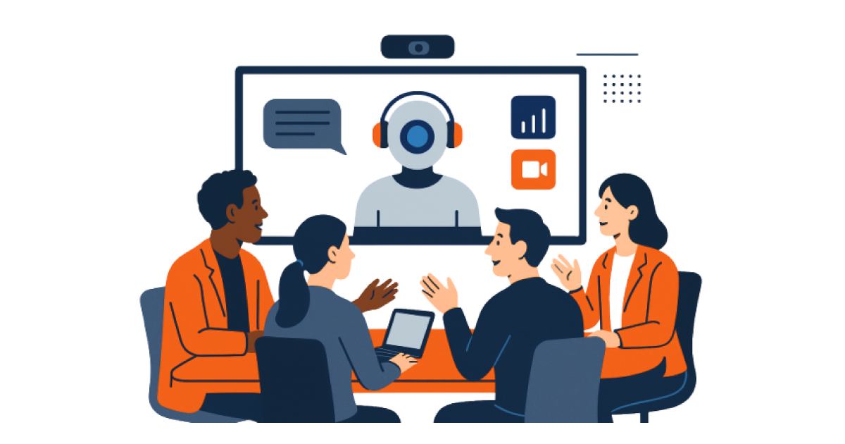Illustration of an AI-powered meeting room with people collaborating through video conferencing and smart technology