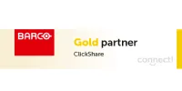 Barco gold partner logo showing Oxford Integration as an authorized partner for Barco ClickShare and visualization solutions