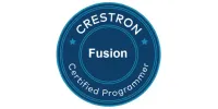 Crestron Fusion certification logo showing Oxford Integration expertise in enterprise room scheduling and monitoring software solutions