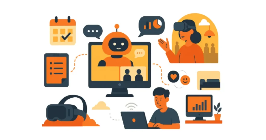 Team in a smart meeting using AI tools to plan and communicate better with digital screens and laptops