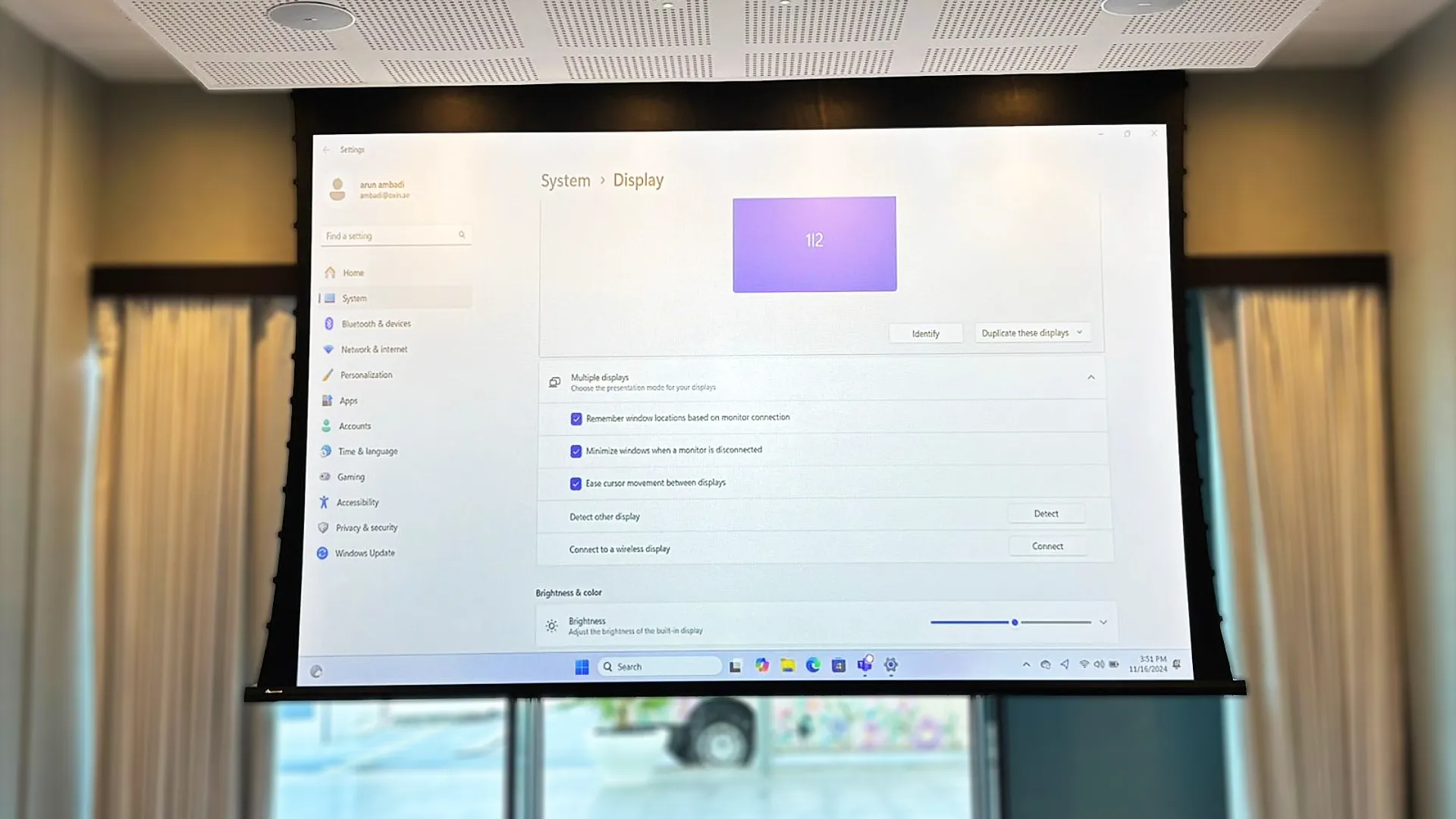 Projection screen showing display configuration during AV system testing by Oxford Integration at W Abu Dhabi.