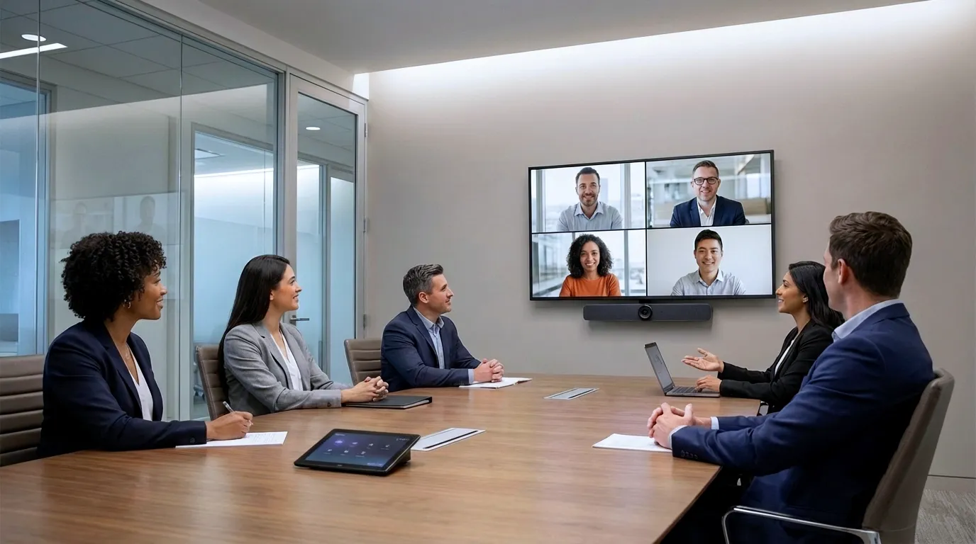 Modern meeting room with teams collaborating around a conference table using video conferencing for hybrid meetings designed by Oxford Integration