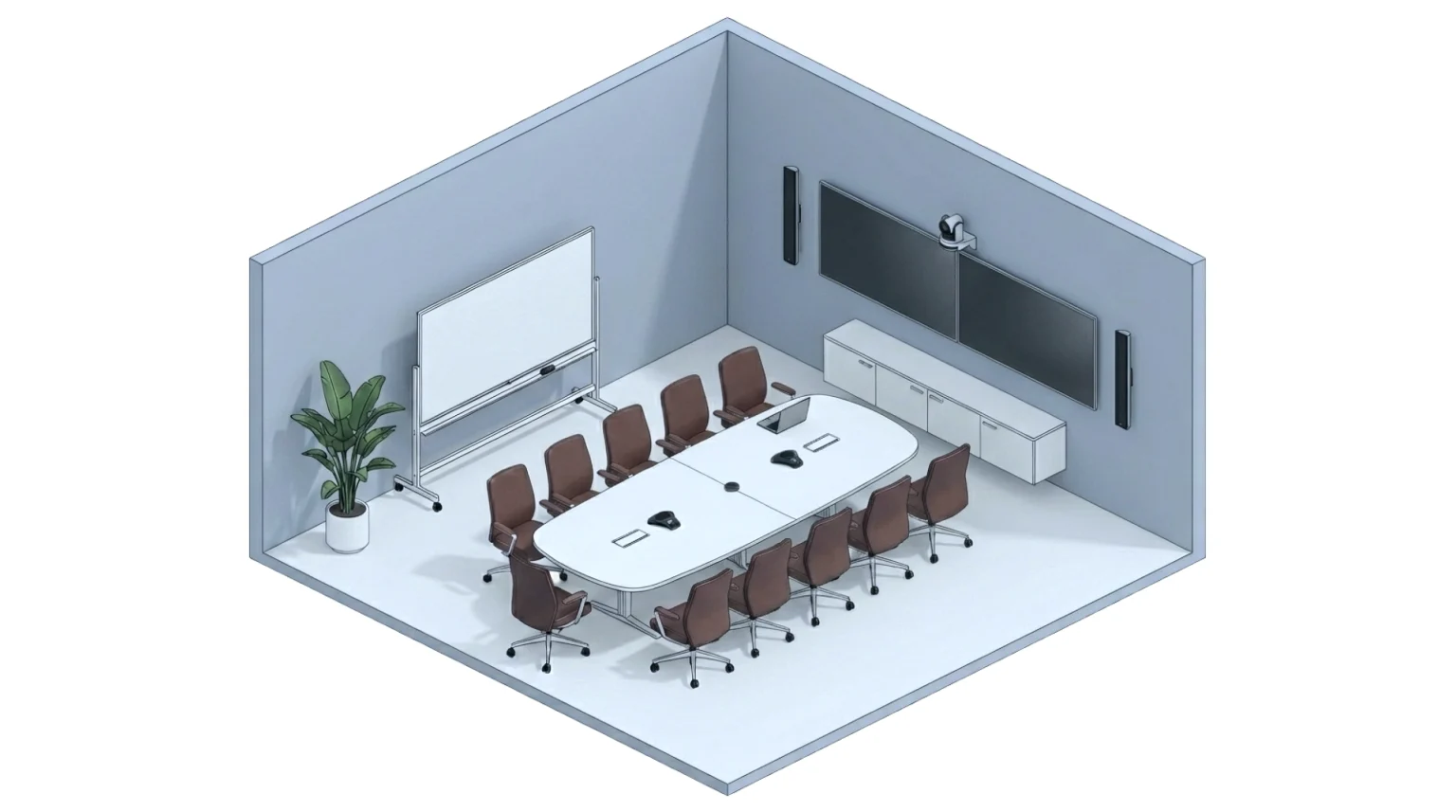 A graphical illustration of meeting room technologies for very large meeting sp[aces like Board room and extra large meeting and conferencing spaces.