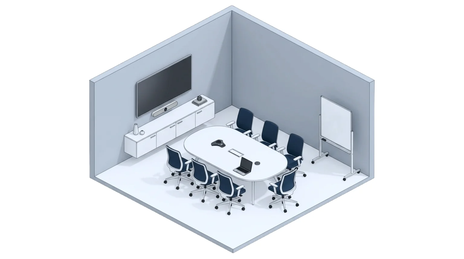 A illustration that depicts the meeting room technologies for medium to large size meeting and conferencing spaces