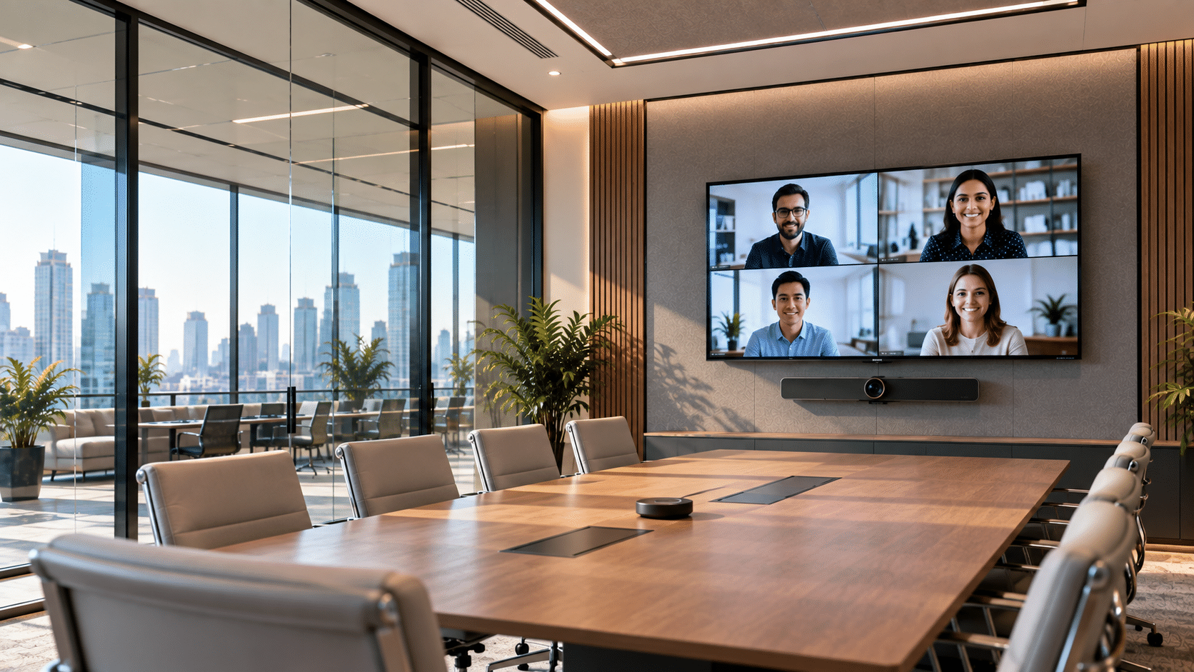 Hybrid video conferencing setup with video bar below the display in a modern glass walled meeting room