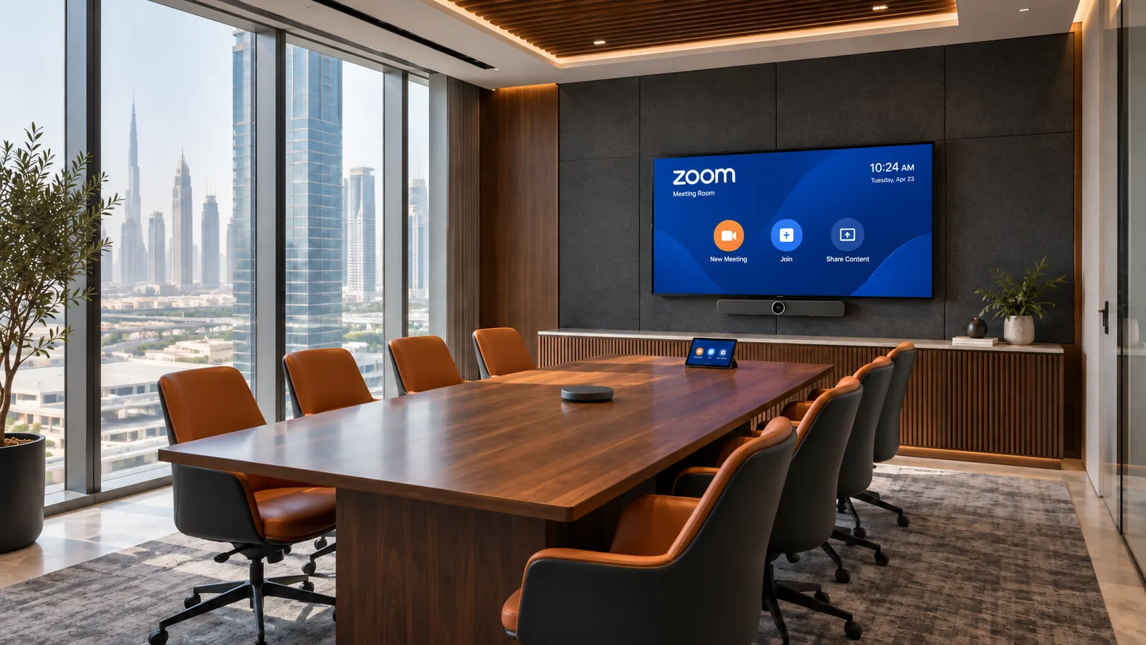 Empty UAE meeting room with a Zoom Rooms display, video bar, table microphone, and touch controller