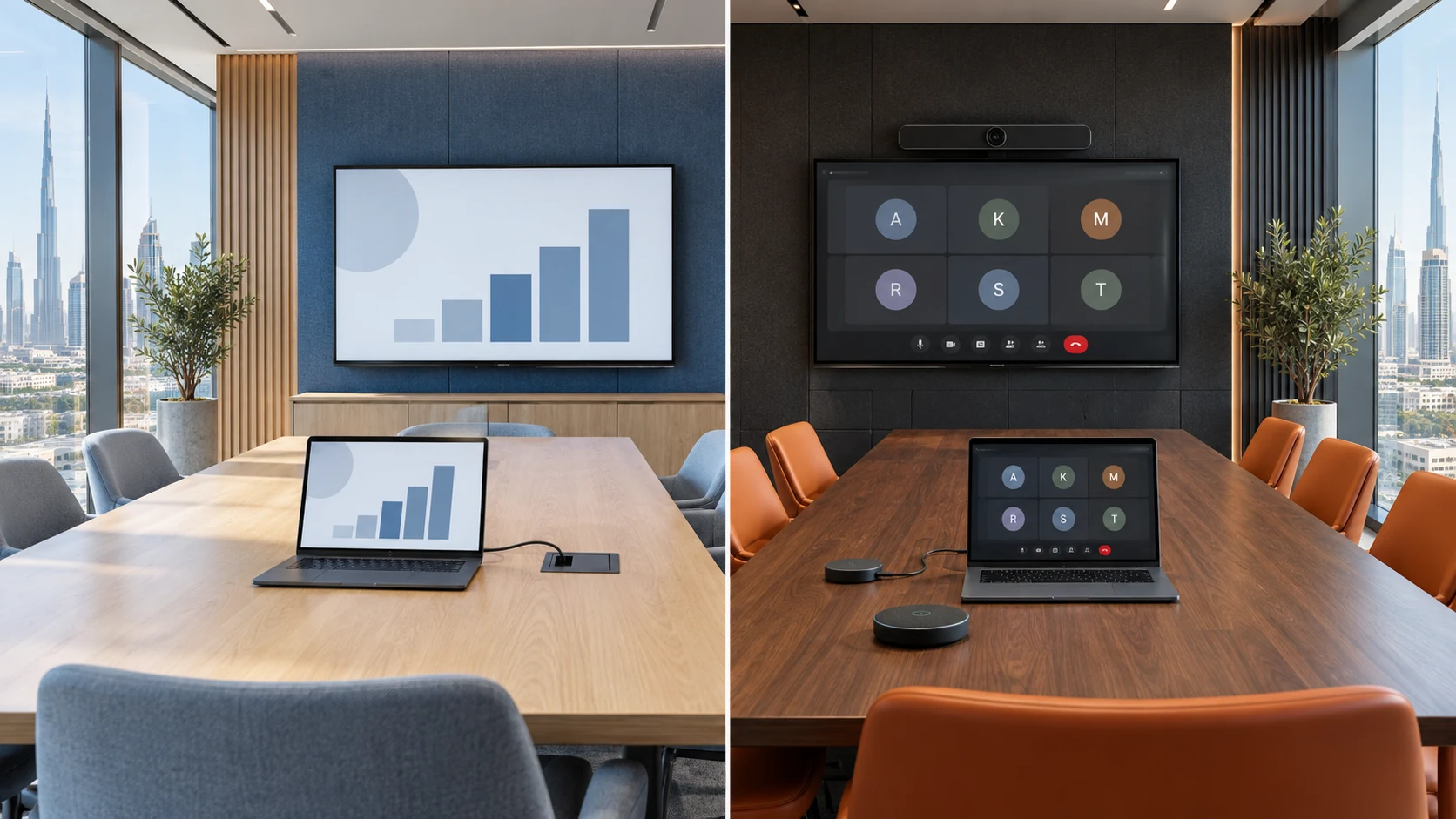 Two empty meeting rooms compare laptop screen sharing with a laptop using room video and audio equipment