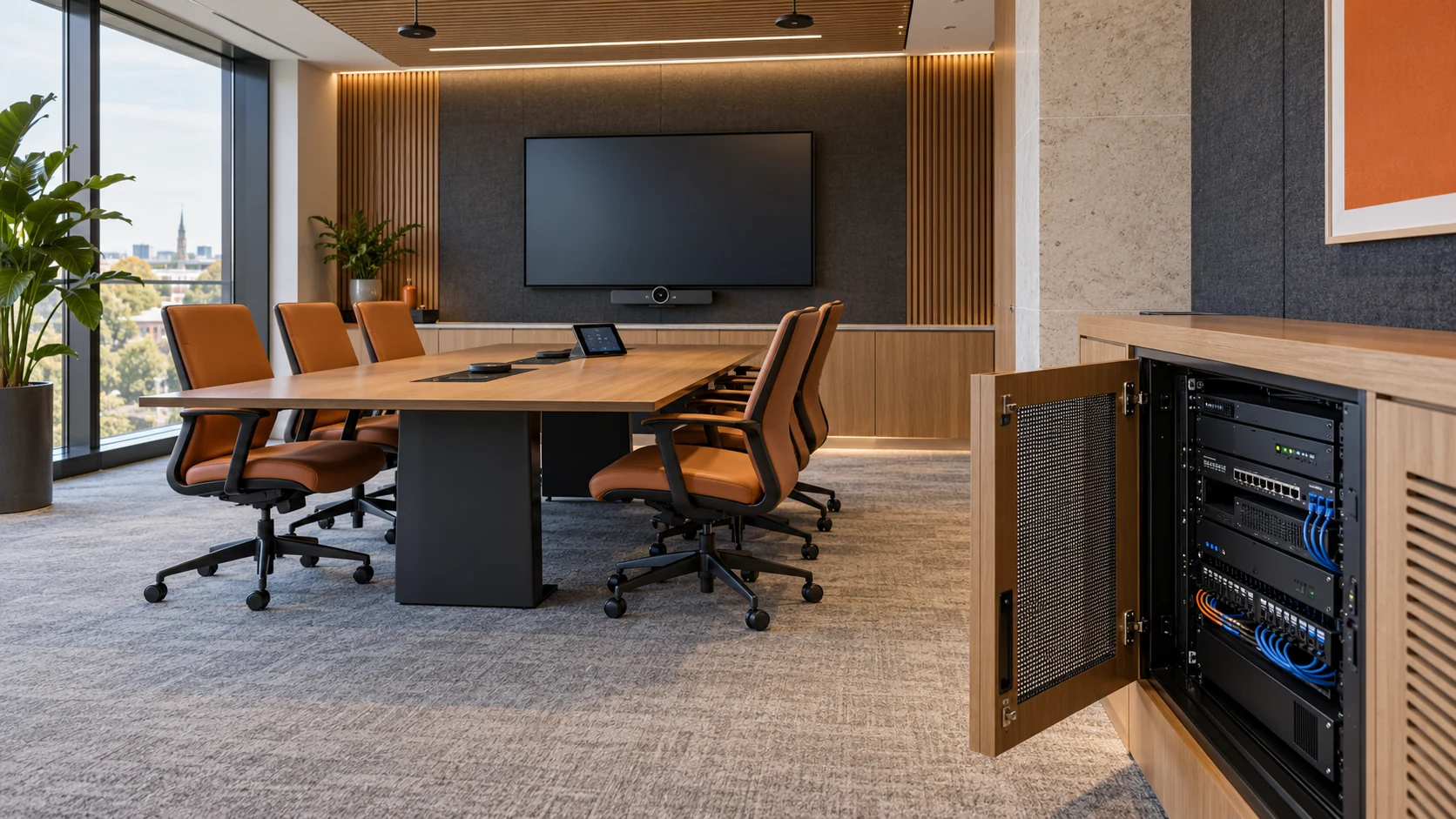 Meeting room with an open, neatly wired AV equipment cabinet beside the conference table