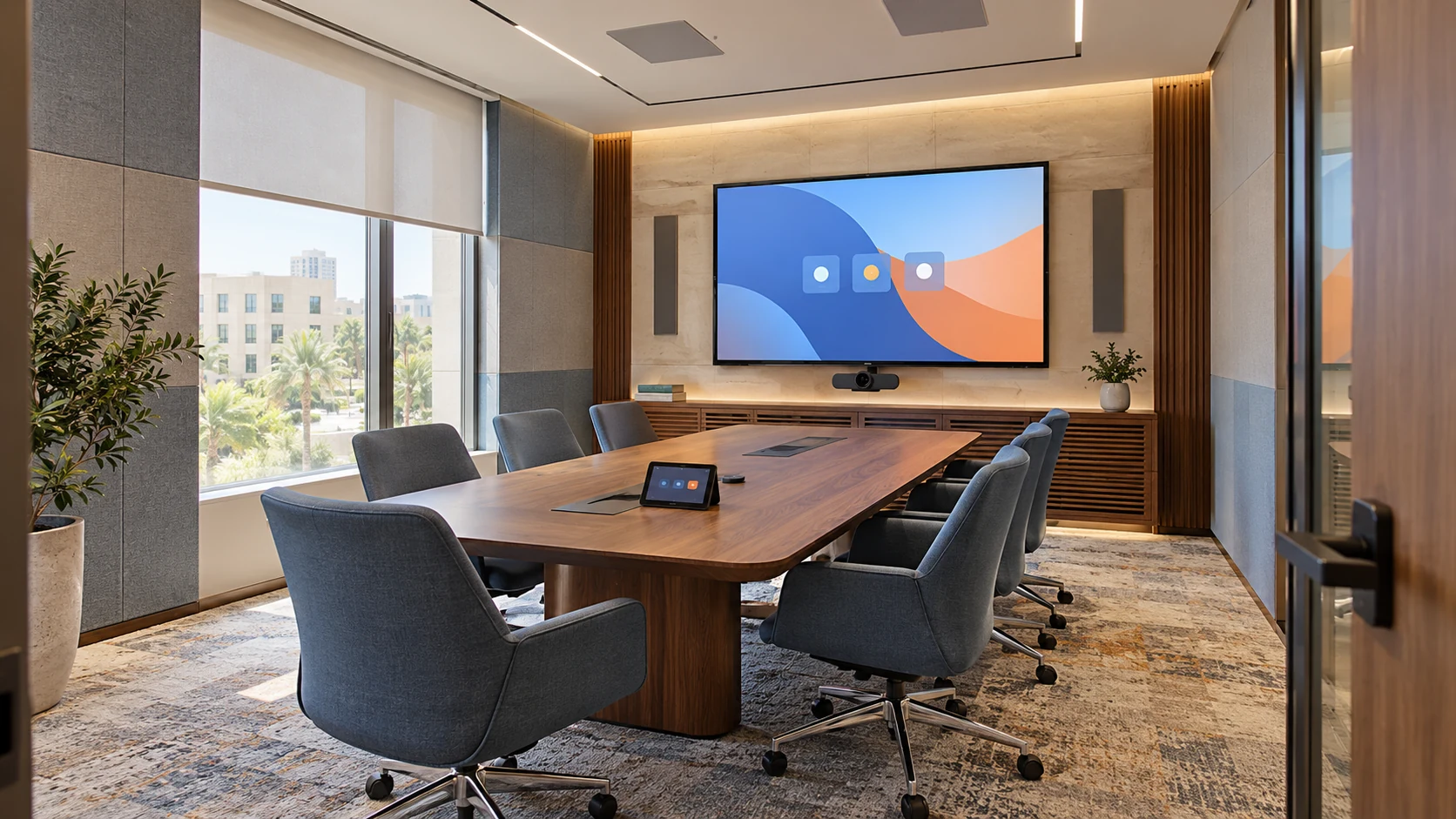Empty UAE hybrid meeting room with a display, camera, speakers, touch controller, and window shade