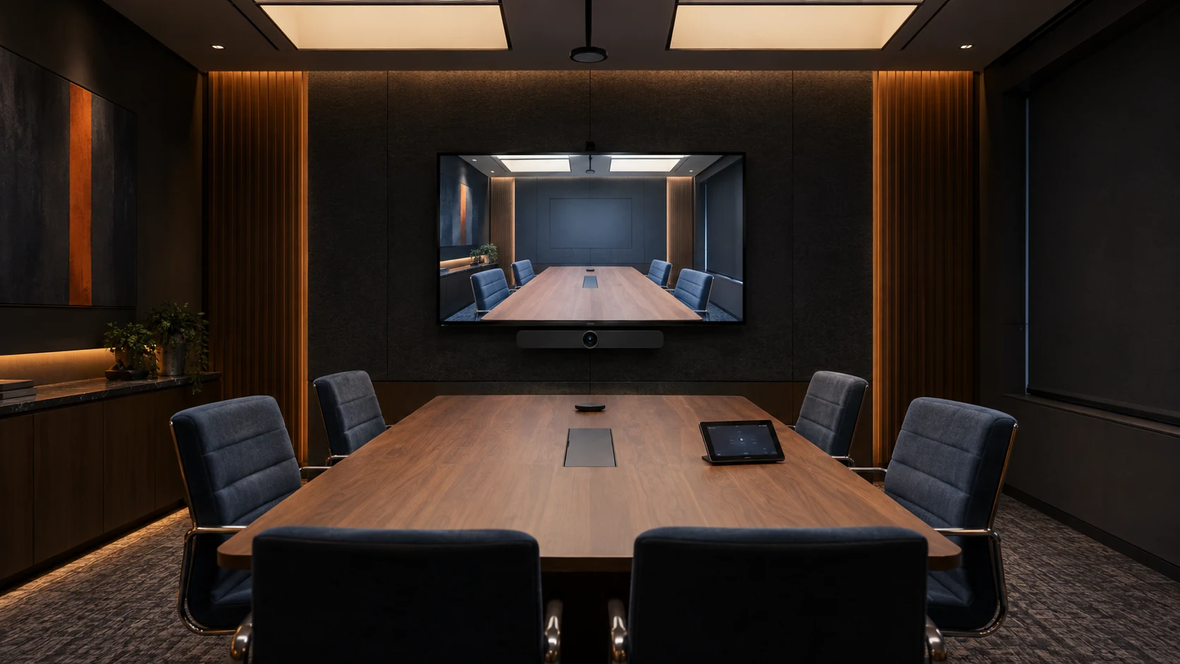 Dark meeting room with soft ceiling lighting and a clear camera preview on the display