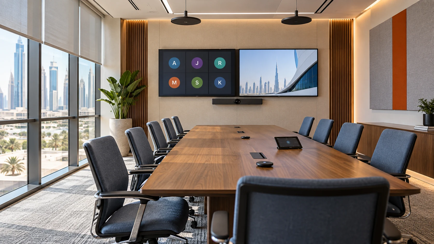 Empty hybrid meeting room with dual displays on the short front wall, a video bar, and seats along both sides of the table
