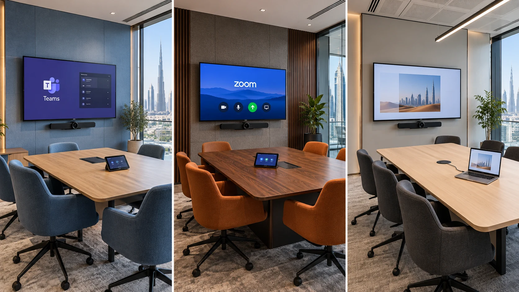 Three UAE meeting rooms showing Microsoft Teams Rooms, Zoom Rooms, and a laptop connected to a BYOD display