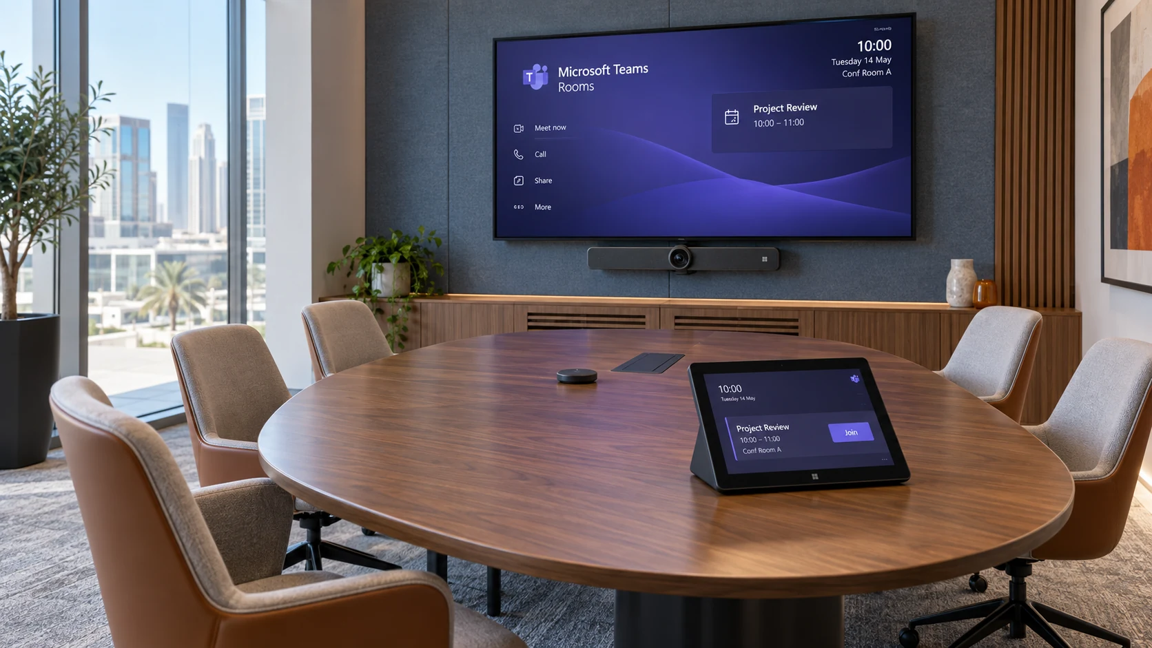 Empty Teams meeting room with a wall display, video bar, and touch controller showing a Join button
