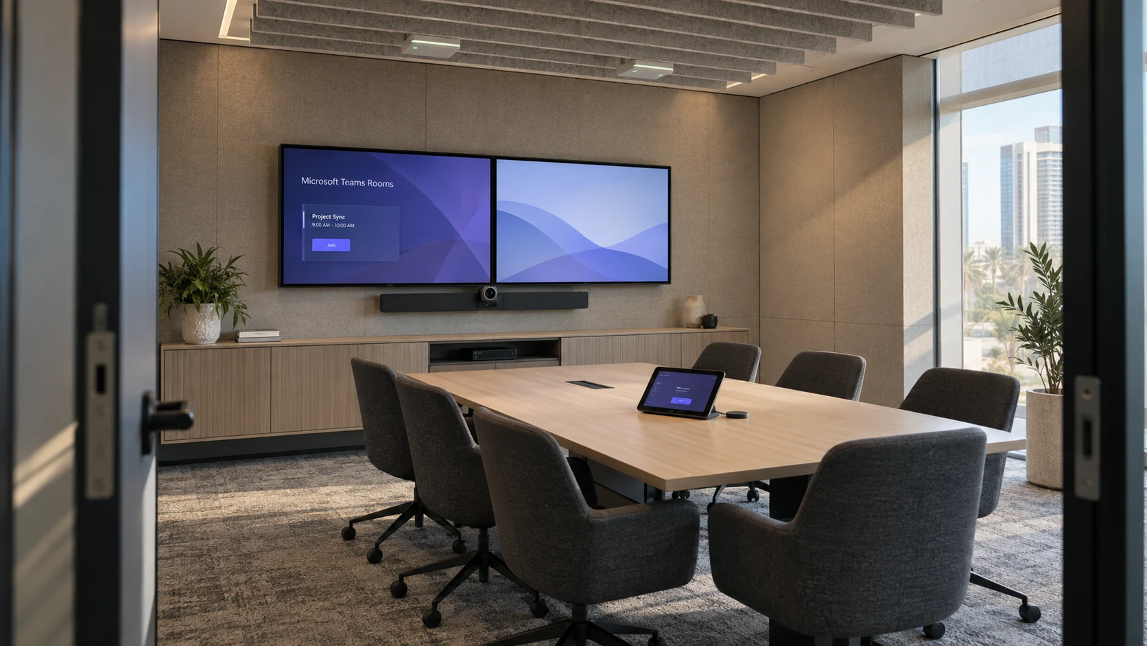 Empty Microsoft Teams meeting room with dual displays, a video camera, ceiling microphones, and a touch console