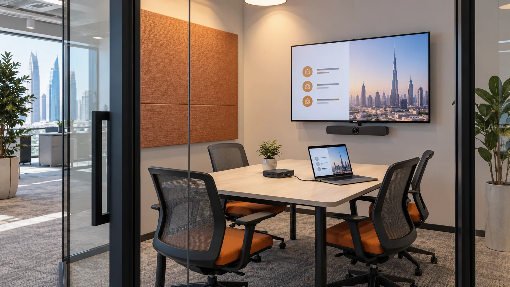 Small meeting room with a laptop connected to a wall display through a tabletop dock