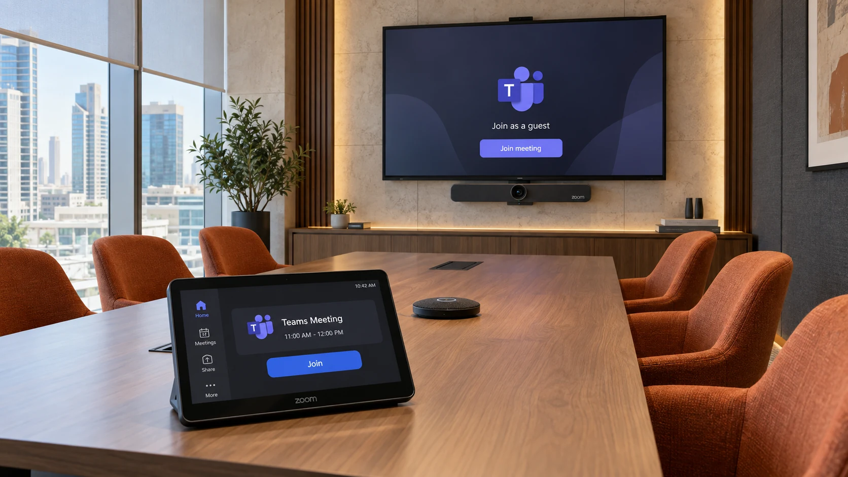Empty Zoom meeting room with a Teams meeting shown on the display and a Join button on the room controller