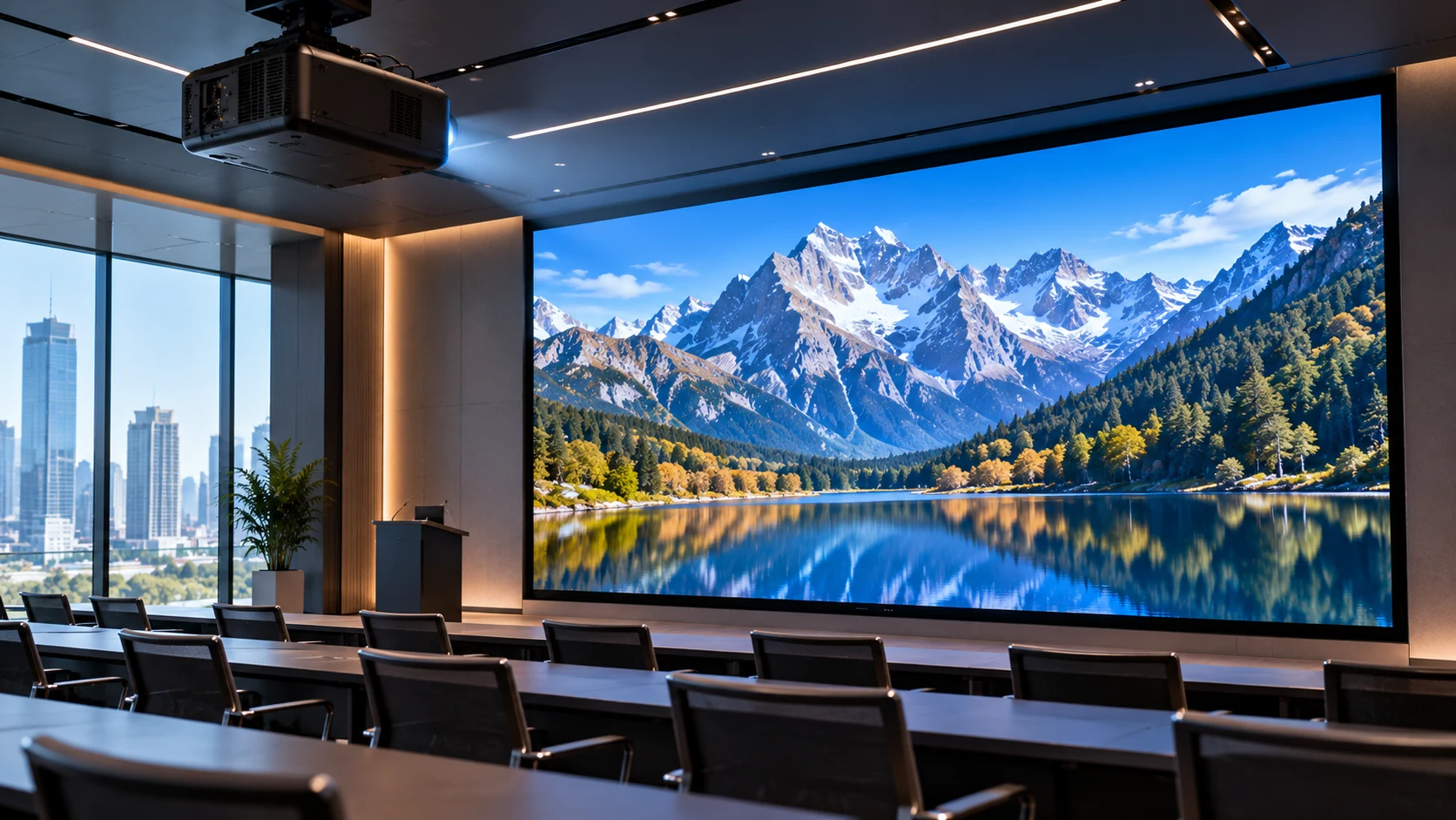 4K projector displaying detailed content in a modern commercial AV presentation room