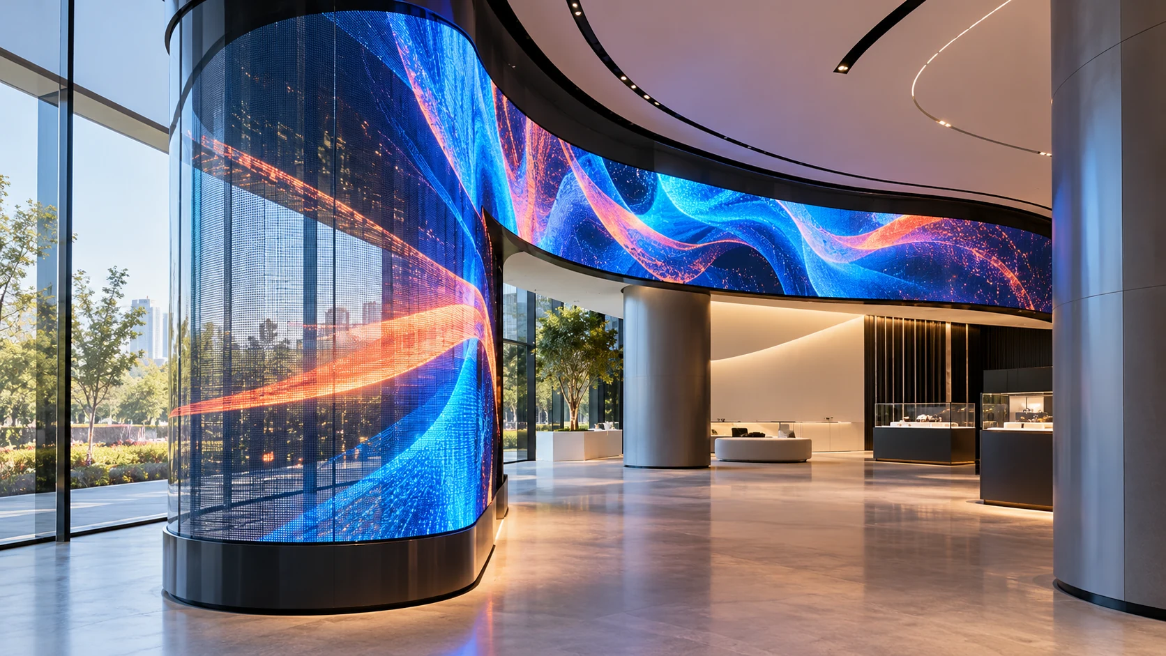 Flexible and curved LED screens installed in a modern commercial interior