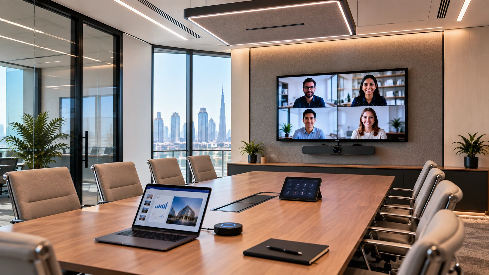 Hybrid meeting room AV equipment with display, video bar, microphone, speaker and room controller