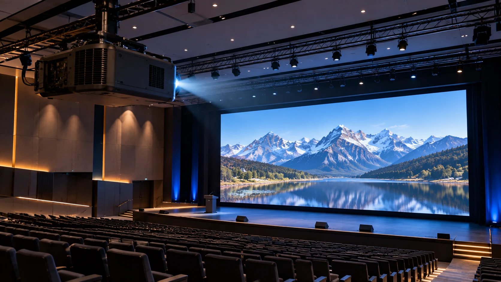 High brightness laser projector installed in a large commercial auditorium