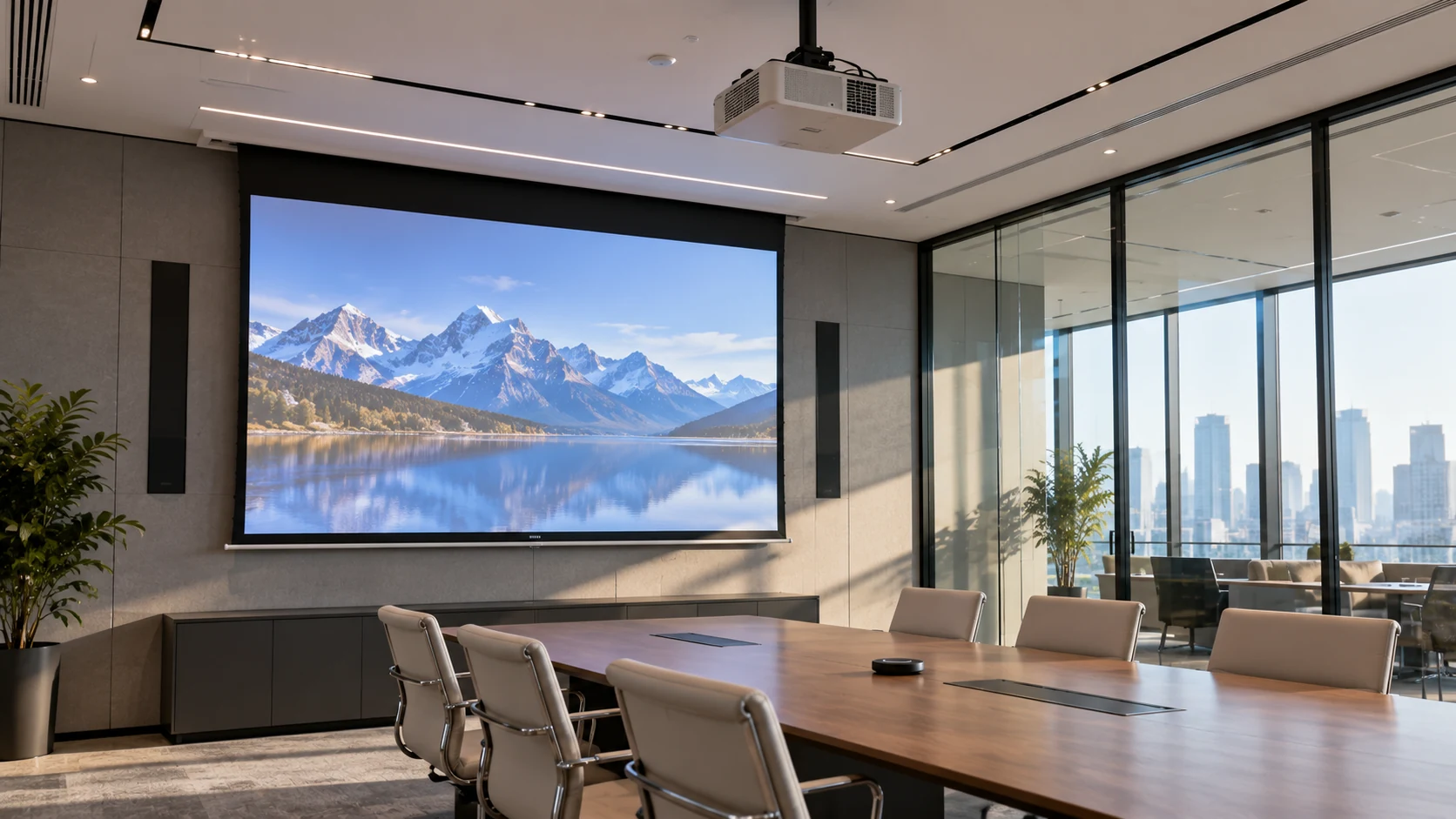 Motorized projection screen with ceiling mounted projector in a modern office meeting room